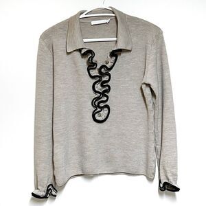 Anne Fontaine Paris Beige Faux leather Wool ruffle Pullover Sweater Sz 42 Sz 10